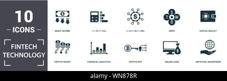 Fintech Technology icon set. Contain filled flat basic income, financial analytics, online loan, artificial noosphere, business model, swot, crypto Stock Photo