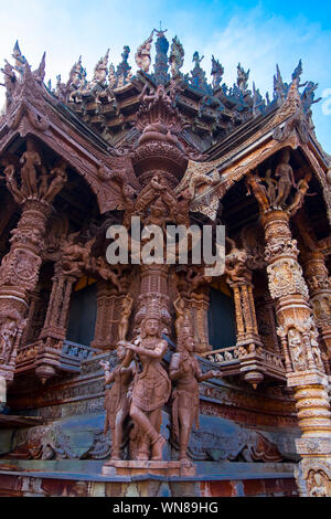 One of the corner carvings of the Sanctuary of Truth temple in Naklua, Thailand. Stock Photo