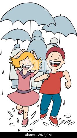 Children running in the rain illustration Stock Vector Image & Art - Alamy