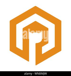 Vector illustration. Cubic cat icon or logo in flat, simple and geometric style. Stock Vector