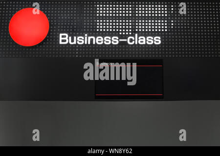 Business class passengers registration check in desk, international airport ticket checkin illustration, flight information empty display template Stock Photo