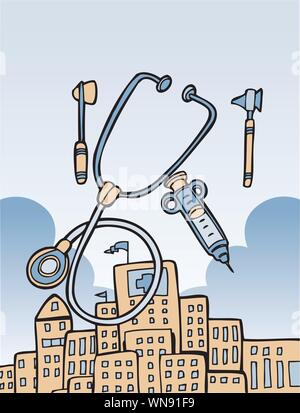 Medical tools and building Stock Vector