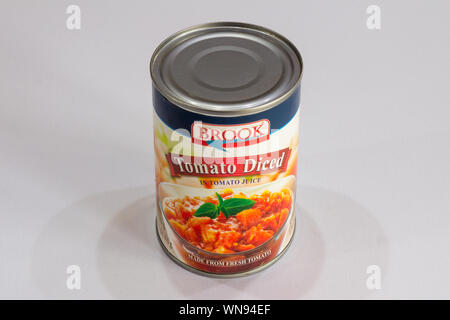 Phuket, Thailand - August 1st 2019: Tin of Brook diced tomatoes. The product is made from fresh tomatoes. Stock Photo