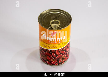 Phuket, Thailand - August 1st 2019: Tin of Fiamma Vesuviana red kidney beans. The beans are native to Mexico and Central America Stock Photo