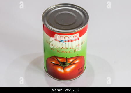 Phuket, Thailand - August 1st 2019: Tin of Brook whole peeled tomatoes. The brand has a wide rang of products Stock Photo