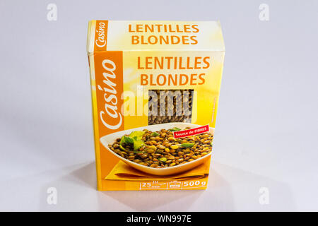 Phuket, Thailand - August 1st 2019: Box of Casino brand yellow lentils. Casino is a French mass retail group. Stock Photo