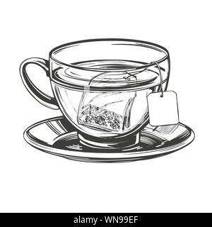 Cup of tea with brewed tea bag isolated on white background hand drawn vector illustration realistic sketch. Stock Vector
