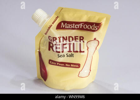 Phuket, Thailand - August 1st 2019: Masterfoods brand sea salt grinder refill. The brand is one of Australias largest. Stock Photo