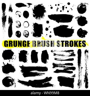 Brush strokes collection. Set of black hand drawn brushes isolated on white background for your design. Ink splatters. Black labels, background, paint texture. Vector Stock Vector