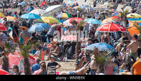 Clacton   United Kingdom 23 August  2019  -:  Large crowd on beach at annual Clacton Airshow Stock Photo