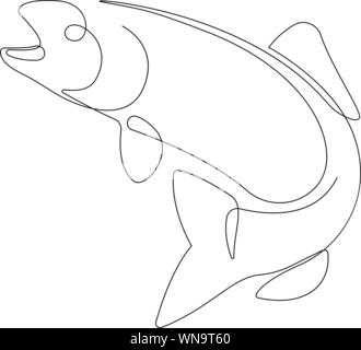 One single line drawing of big salmon or trout for logo identity. Large lake fish mascot concept for fishing tournament icon. Stock Vector
