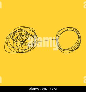 Tangle tangled and untangled. Abstract metaphor, concept of solving problems in business Stock Vector
