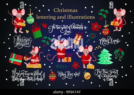 Flat vector set of little mouse with cheese in different poses. Christmas greeting illustrations with cute mice, decorations and lettering quotes. Stock Vector