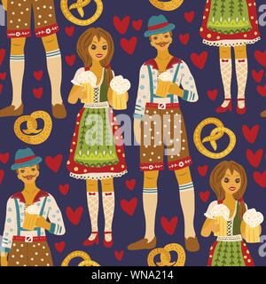 Beer festival vector seamless pattern. Oktoberfest colour illustration with happy man and woman in traditional clothes drinking beer with gingerbread. Stock Vector