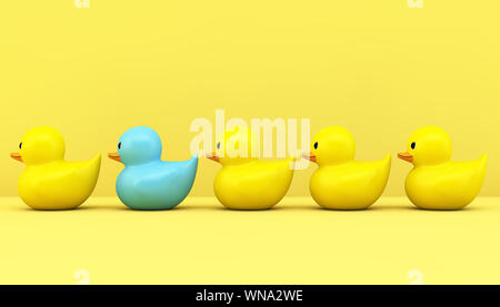 row of yellow rubber ducks. One blue. 3d rendering. Stock Photo