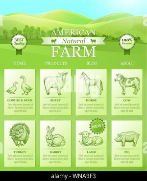 American Farm landing for website with bright landscape, farm animals silhouettes. Vector template for website design, web page and advertising banners, business cards. Stock Vector