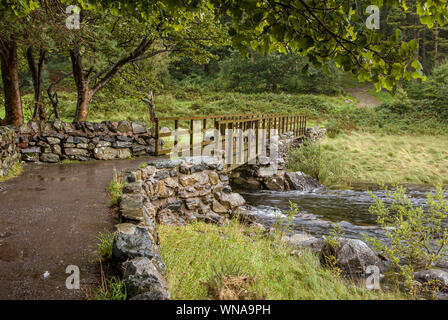 Damp path leading to a wooden bridge over a stream with wooded area beyond. Stock Photo