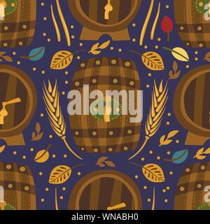 Beer festival vector seamless pattern. Oktoberfest colour illustration with barrel, wheel and autumn leaves in flat scandinavian style. Stock Vector
