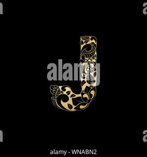 Golden Floral Ornamental Alphabet, Initial Letter J Font. Vector Typography Symbol for Gold Wedding and Monograms Isolated Ornament Design on Black Background Stock Vector