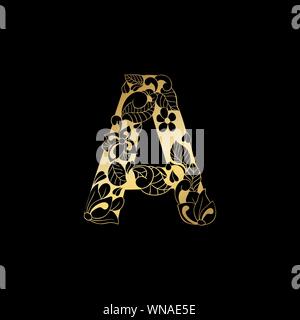 Golden Floral Ornamental Alphabet, Initial Letter A Font. Vector Typography Symbol for Gold Wedding and Monograms Isolated Ornament Design on Black Background Stock Vector