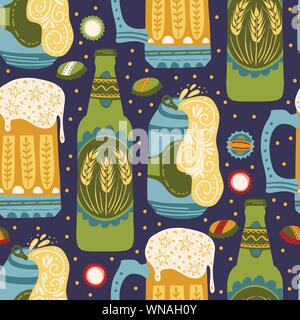 Beer festival vector seamless pattern. Oktoberfest colour ornate illustration with beer bottles and glasses. Stock Vector