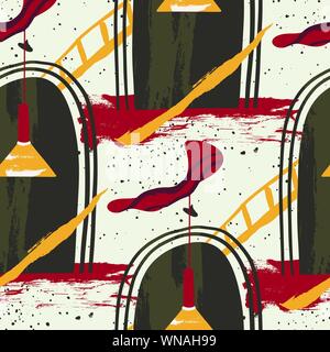 Seamless pattern with modern abstract vector illustration - door lamp and hand painted shapes. Flat and Hand drawn brush ink textured interior exterior art. Artistic home and cafe decor. Stock Vector