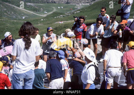 The 1994 Tour de France cycling race.Miguel Induran, 5 times winner of the race,in the yellow vest.Near the top of the Col du Tourmalet. Stock Photo