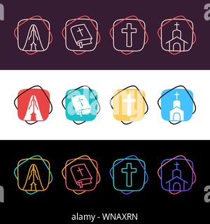 Set of religion christian simple colorful icon in three styles. Cross, pray, church, holy bible. Stock Vector