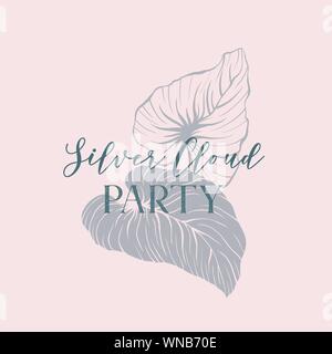 Silver cloud party hand drawn illustration. Jungle palm leaves logo design. Rainforest leafage on pink background. Tropical foliage night club logotype. Botanical postcard, invitation design Stock Vector