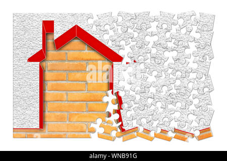 Buildings energy efficiency concept image - 3D render home thermally insulated with polystyrene walls - concept in jigsaw puzzle shape Stock Photo