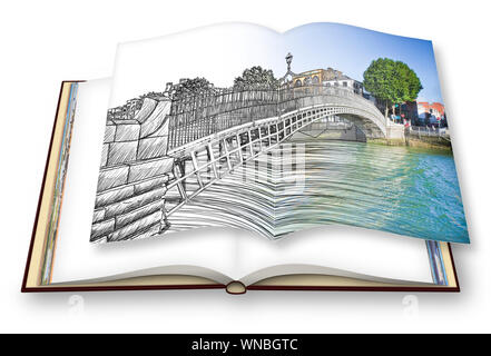 The most famous bridge in Dublin called "Half penny bridge" - freehand sketch concept image - 3D render of an opened photo book - I'm the copyright ow Stock Photo