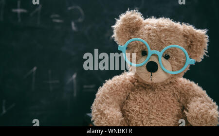 Back to school. Smart kid in class, cute teddy wearing blue eyeglasses against blank chalk blackboard, copy space. Stock Photo