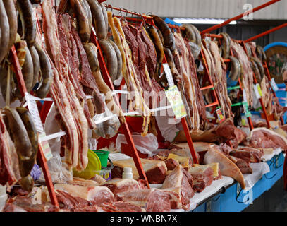 In the meat section of the famous Green Bazaar in Almaty, Kazachstan Stock Photo