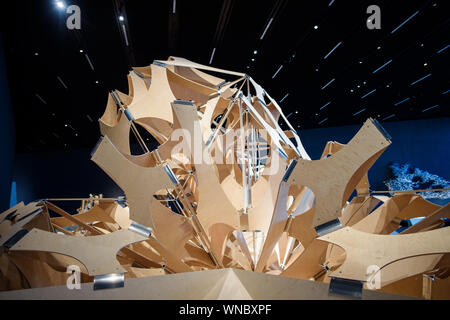 Berlin, Germany. 27th Aug, 2019. A wooden installation can be seen in the Futurium, the centre for future design in Berlin's government district. Credit: Gregor Fischer/dpa/Alamy Live News Stock Photo