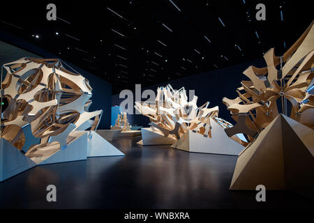 Berlin, Germany. 27th Aug, 2019. A wooden installation can be seen in the Futurium, the centre for future design in Berlin's government district. Credit: Gregor Fischer/dpa/Alamy Live News Stock Photo