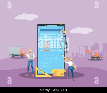 builders and smartphone with webpage under cosntruction vector illustration design Stock Vector