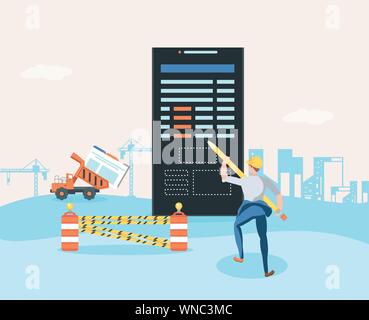 builders and smartphone with webpage under cosntruction vector illustration design Stock Vector