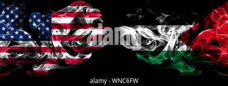 United States of America, USA vs Palestine, Palestinian background abstract concept peace smokes flags. Stock Photo