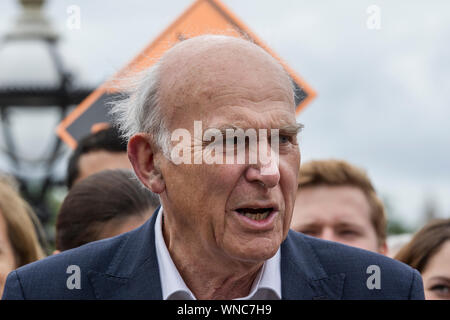 Vince Cable joined by activists and new Lib Dem MEPs to celebrate the best ever European Election result in the party's history, Lambeth, London, UK Stock Photo
