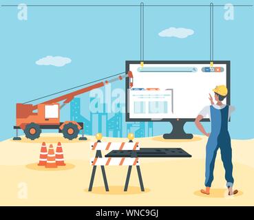 builders and desktop with webpage under cosntruction vector illustration design Stock Vector