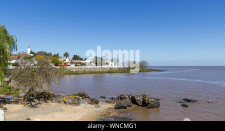 Overview of the historic and colonial center of Colonia del Sacramento with the lighthouse. It is one of the oldest cities in Uruguay. World Heritage Stock Photo
