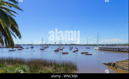 Boats anchored in the port of the city of Colonia del Sacramento, Uruguay, on the Rio de la Plata. Colonia del Sacramento is one of the oldest cities Stock Photo