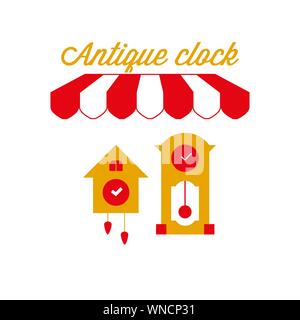 Antique Clock Sign, Emblem. Red and White Striped Awning Tent. Cuckoo Clock and Grandfather Clock. Gold and Red Colors. Flat Vector Illustration. Stock Vector