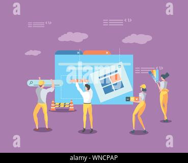 buiders and data folder with webpage under cosntruction vector illustration design Stock Vector