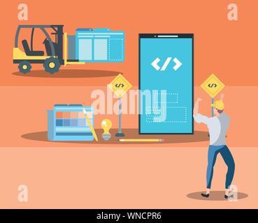 builders and smartphone with webpage under cosntruction vector illustration design Stock Vector