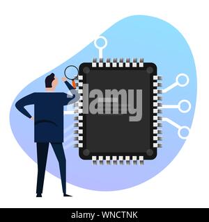 micro chip scanning with magnifying glass, searching for bugs designing . Technology research Stock Vector