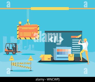 builder and laptop with webpage under cosntruction vector illustration design Stock Vector