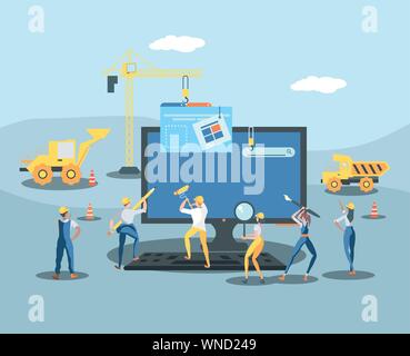 builders and desktop with webpage under cosntruction vector illustration design Stock Vector