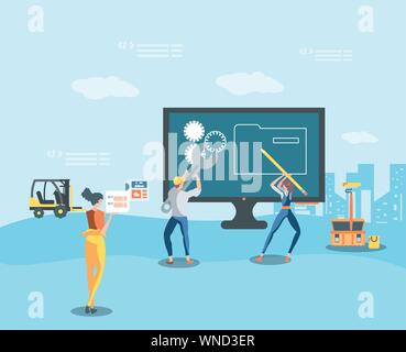 builders and desktop with webpage under cosntruction vector illustration design Stock Vector