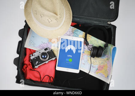 Using VPN is easy on every device while travelling Stock Photo